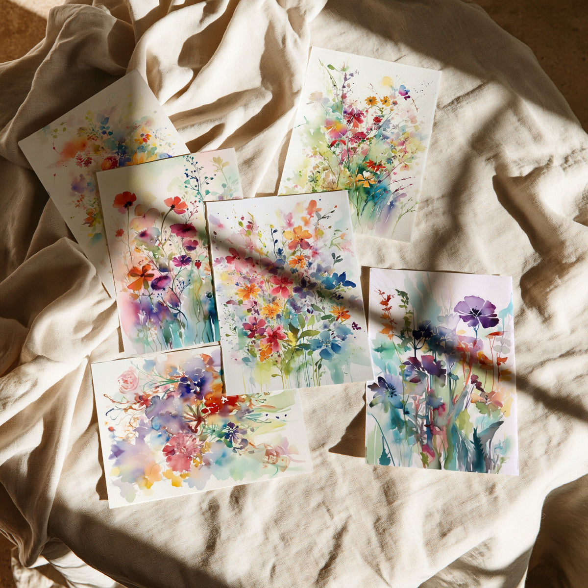 Set of Six Violet and Orange Watercolour Flower Art Prints - 6 Soft Wildflower Posters - Poppies, Daisies, Pansies Painting V1
