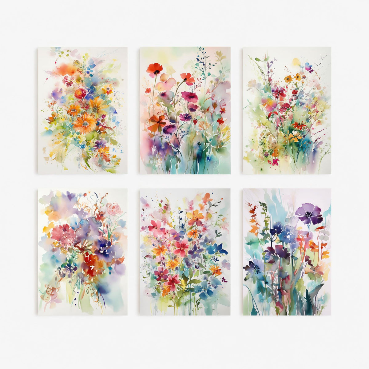 Set of Six Violet and Orange Watercolour Flower Art Prints - 6 Soft Wildflower Posters - Poppies, Daisies, Pansies Painting V1