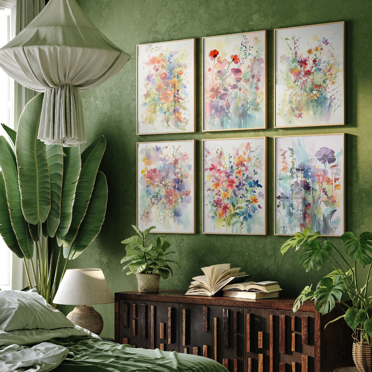 Set of Six Violet and Orange Watercolour Flower Art Prints - 6 Soft Wildflower Posters - Poppies, Daisies, Pansies Painting V1