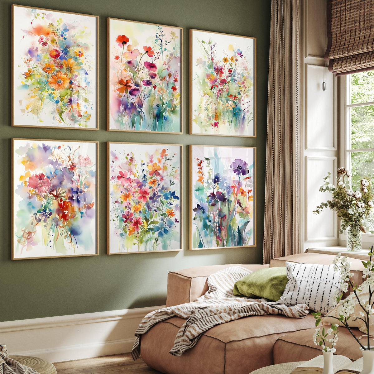 Set of Six Violet and Orange Watercolour Flower Art Prints - 6 Soft Wildflower Posters - Poppies, Daisies, Pansies Painting V1