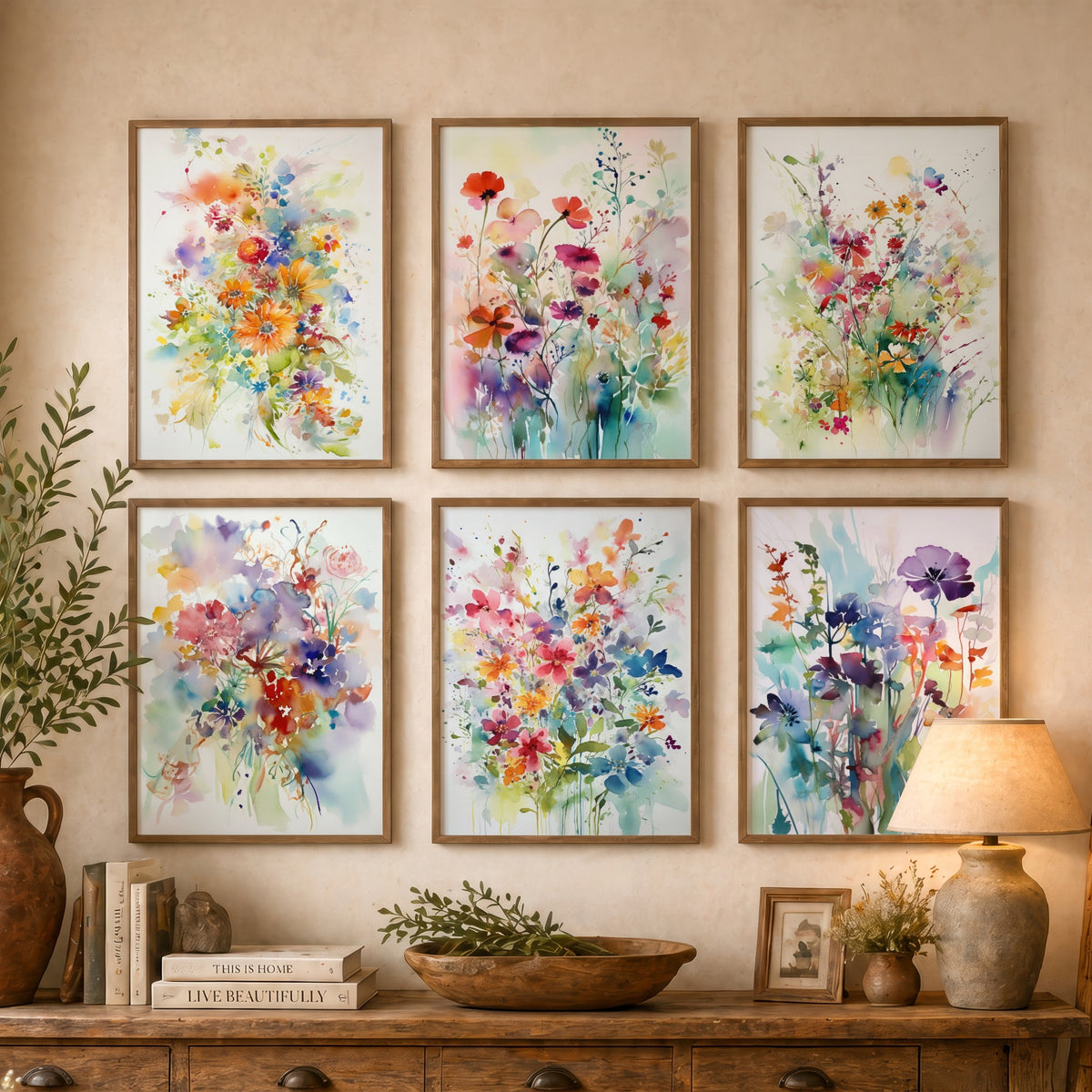 Set of Six Violet and Orange Watercolour Flower Art Prints - 6 Soft Wildflower Posters - Poppies, Daisies, Pansies Painting V1