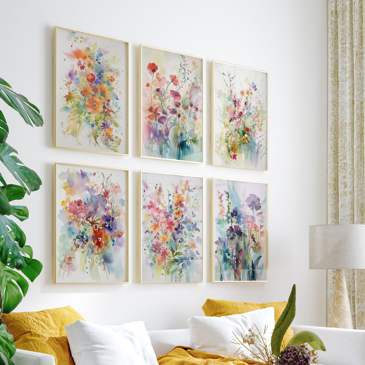 Set of Six Violet and Orange Watercolour Flower Art Prints - 6 Soft Wildflower Posters - Poppies, Daisies, Pansies Painting V1