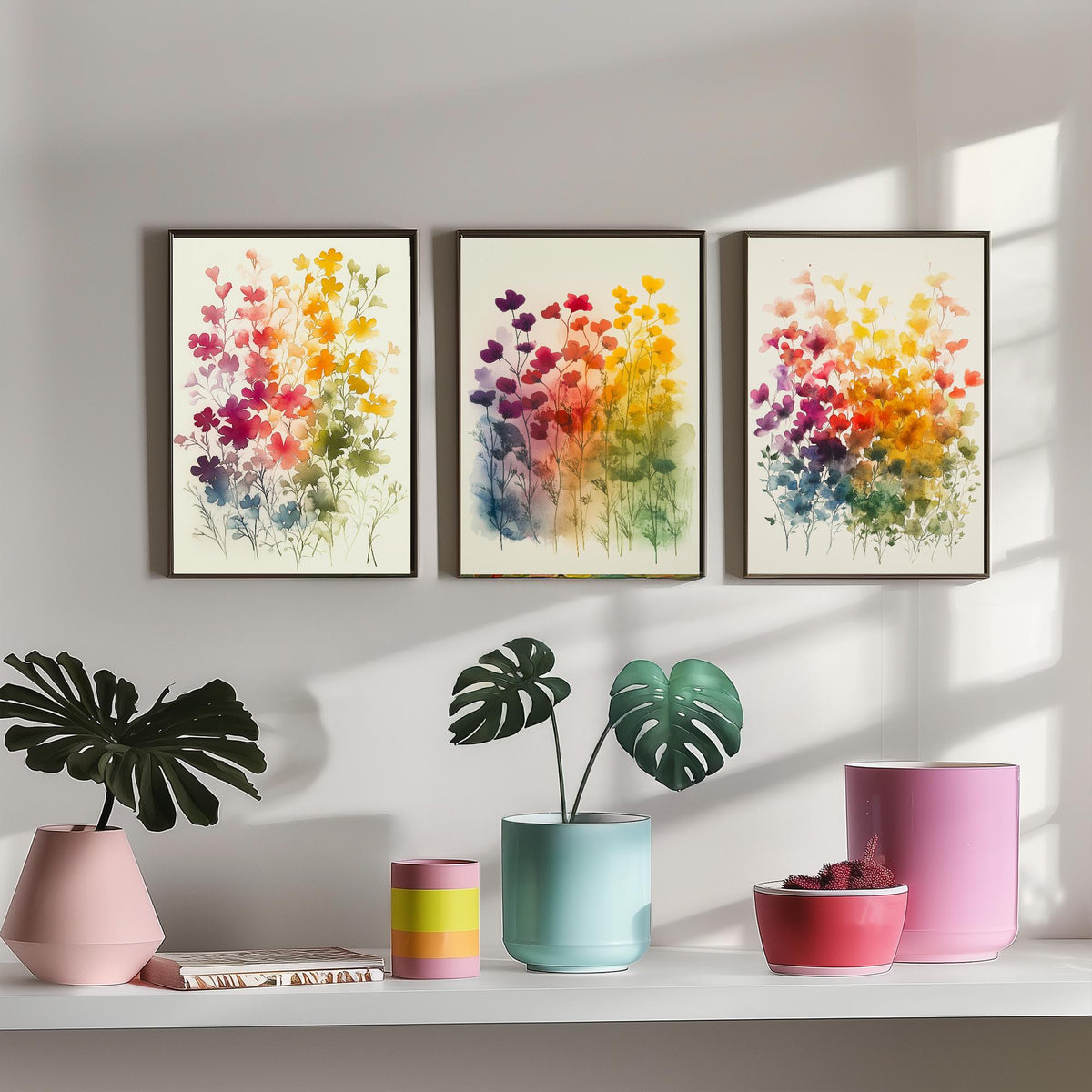 Watercolour Wildflower Set of Three Art Prints - 3 Rainbow Floral Posters - Colourful Botanical Painting Wall Art Gift V10