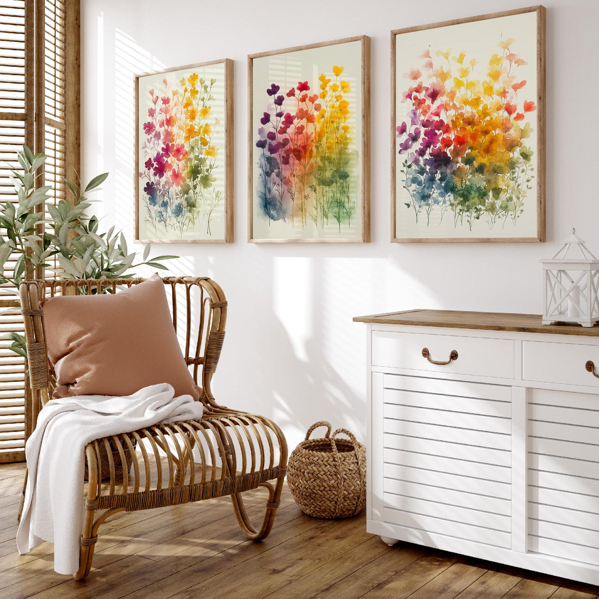 Watercolour Wildflower Set of Three Art Prints - 3 Rainbow Floral Posters - Colourful Botanical Painting Wall Art Gift V10
