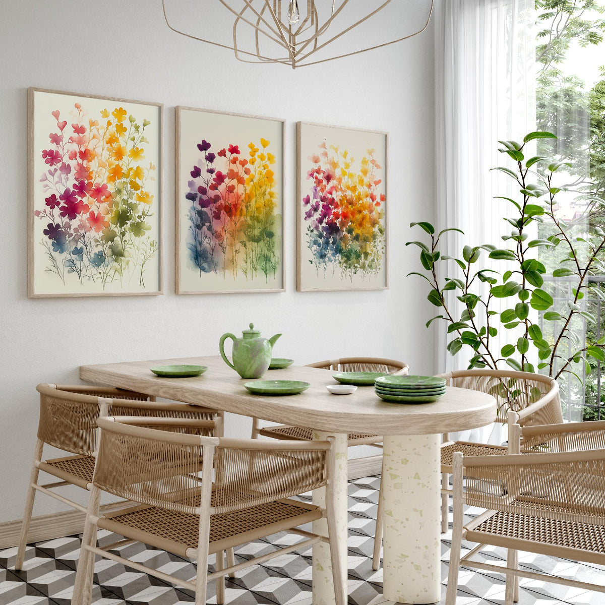 Watercolour Wildflower Set of Three Art Prints - 3 Rainbow Floral Posters - Colourful Botanical Painting Wall Art Gift V10