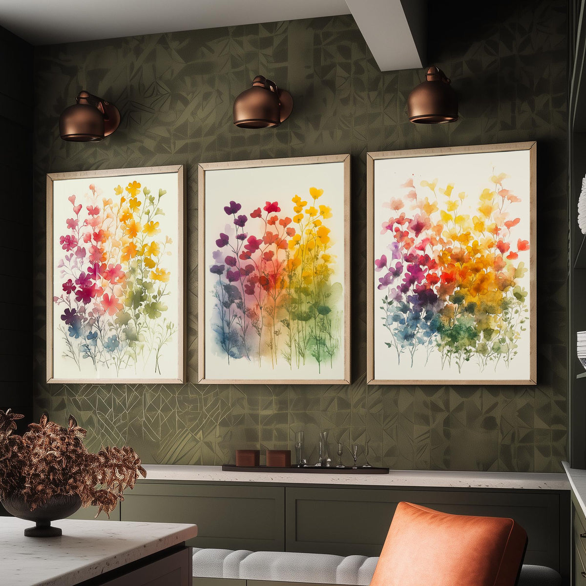 Watercolour Wildflower Set of Three Art Prints - 3 Rainbow Floral Posters - Colourful Botanical Painting Wall Art Gift V10