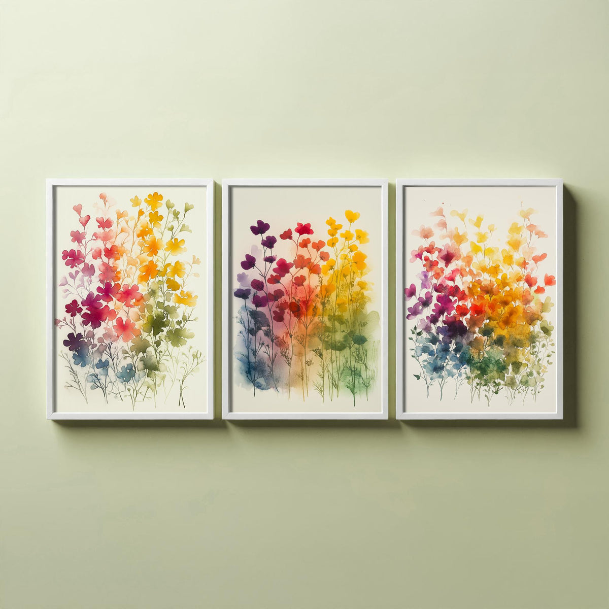 Watercolour Wildflower Set of Three Art Prints - 3 Rainbow Floral Posters - Colourful Botanical Painting Wall Art Gift V10
