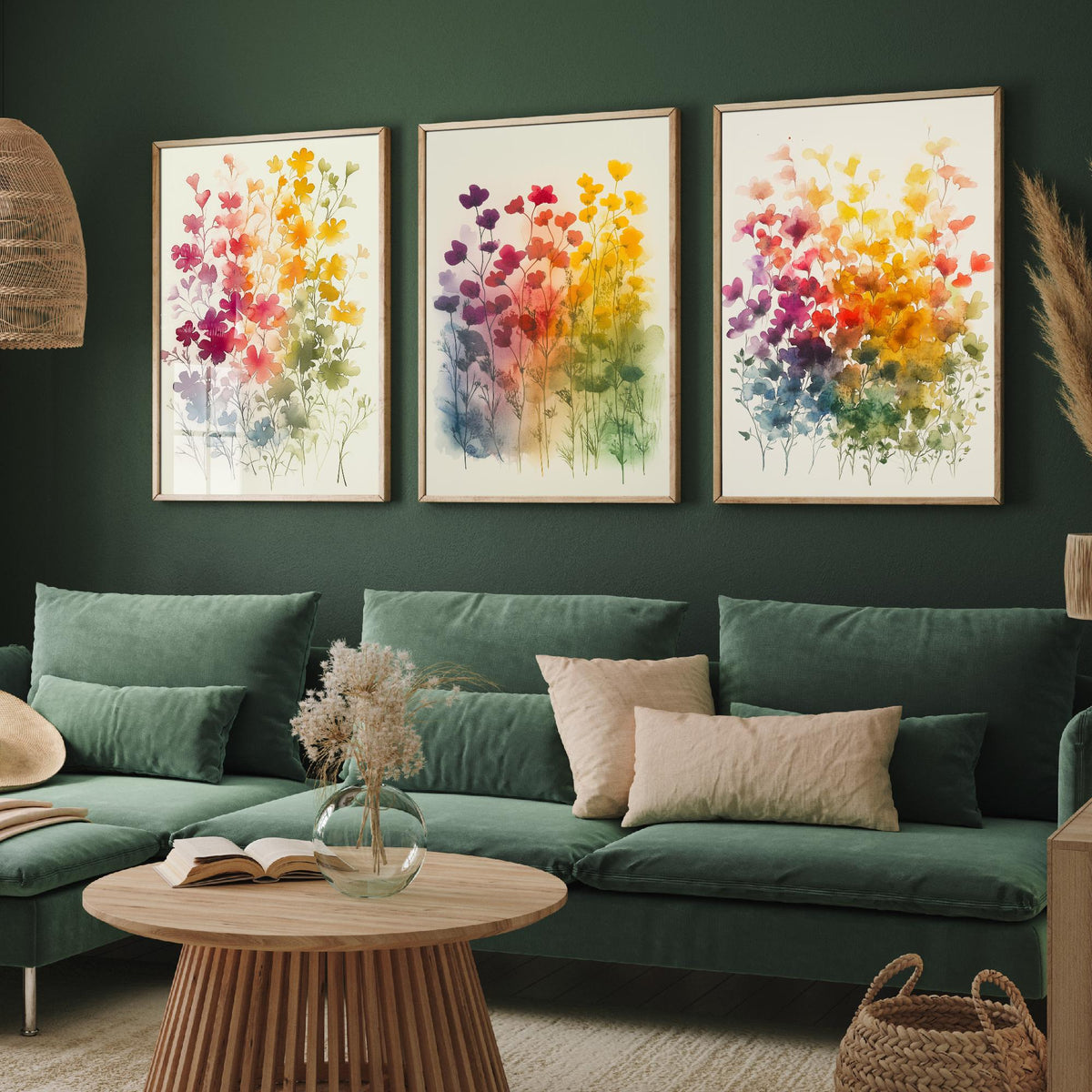 Watercolour Wildflower Set of Three Art Prints - 3 Rainbow Floral Posters - Colourful Botanical Painting Wall Art Gift V10