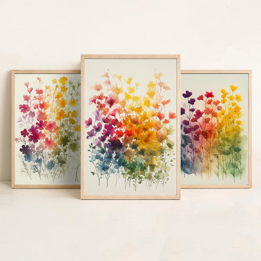 Watercolour Wildflower Set of Three Art Prints - 3 Rainbow Floral Posters - Colourful Botanical Painting Wall Art Gift V10