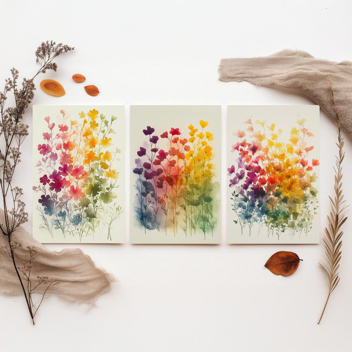 Watercolour Wildflower Set of Three Art Prints - 3 Rainbow Floral Posters - Colourful Botanical Painting Wall Art Gift V10