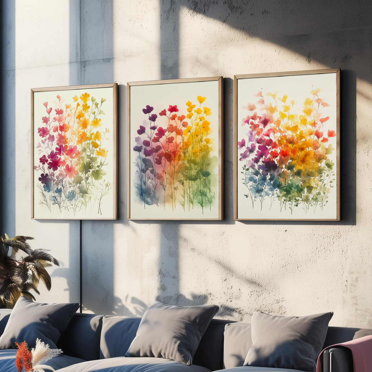 Watercolour Wildflower Set of Three Art Prints - 3 Rainbow Floral Posters - Colourful Botanical Painting Wall Art Gift V10