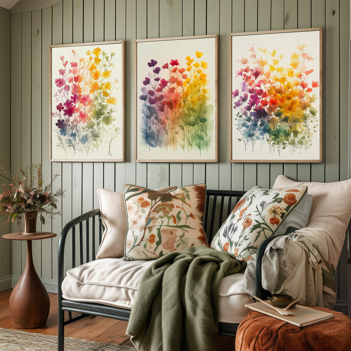 Watercolour Wildflower Set of Three Art Prints - 3 Rainbow Floral Posters - Colourful Botanical Painting Wall Art Gift V10