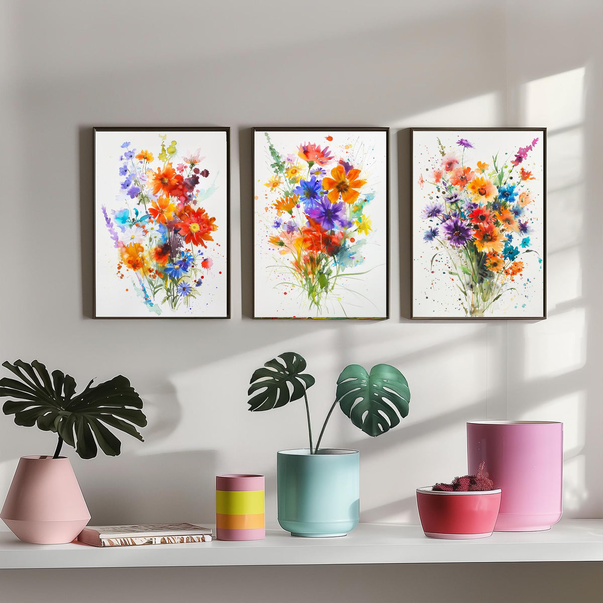 Watercolour Flower Set of Three Art Prints - 3 Cornflower Gerbera Posters - Bold Botanical Painting Wall Art Gift Meadow V11
