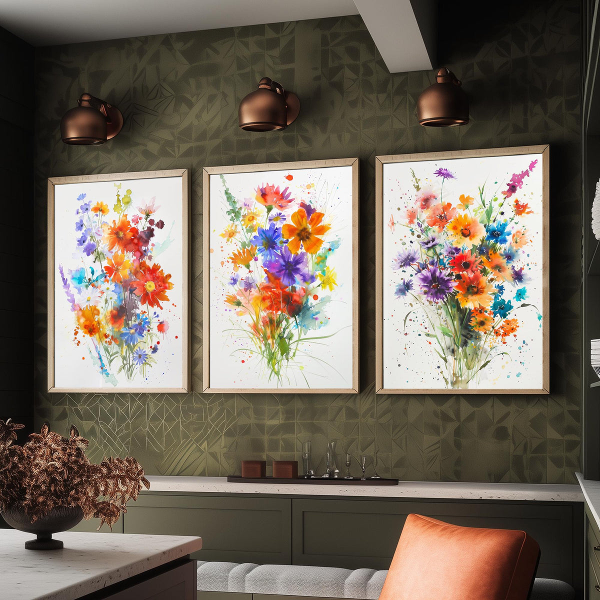 Watercolour Flower Set of Three Art Prints - 3 Cornflower Gerbera Posters - Bold Botanical Painting Wall Art Gift Meadow V11