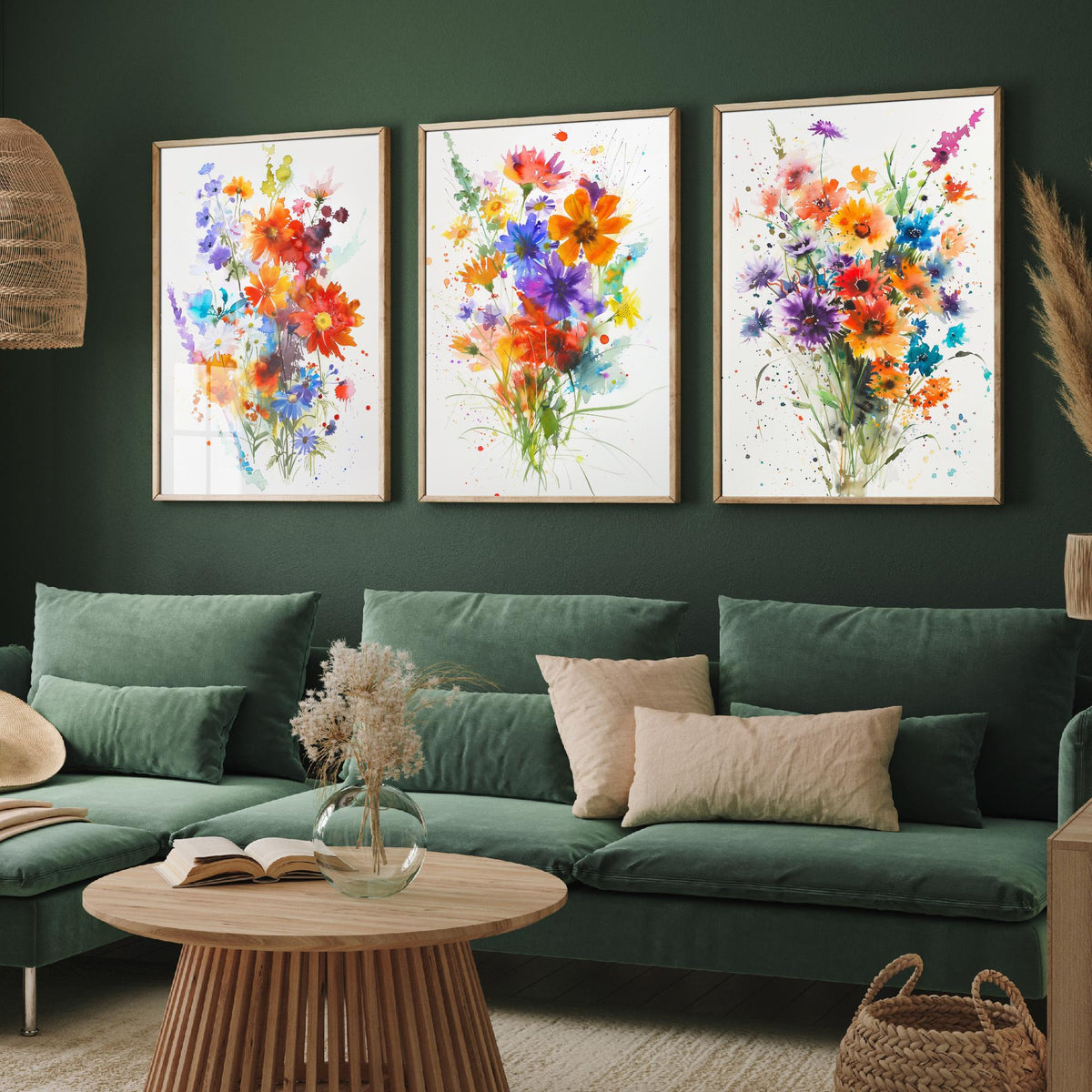 Watercolour Flower Set of Three Art Prints - 3 Cornflower Gerbera Posters - Bold Botanical Painting Wall Art Gift Meadow V11