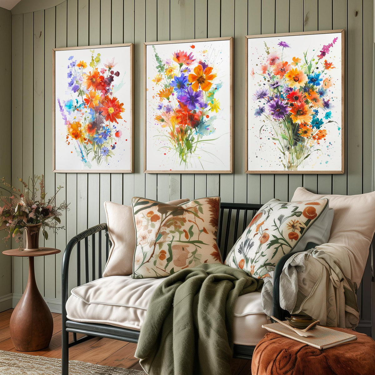 Watercolour Flower Set of Three Art Prints - 3 Cornflower Gerbera Posters - Bold Botanical Painting Wall Art Gift Meadow V11