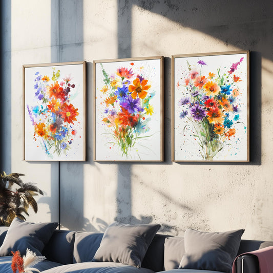 Watercolour Flower Set of Three Art Prints - 3 Cornflower Gerbera Posters - Bold Botanical Painting Wall Art Gift Meadow V11
