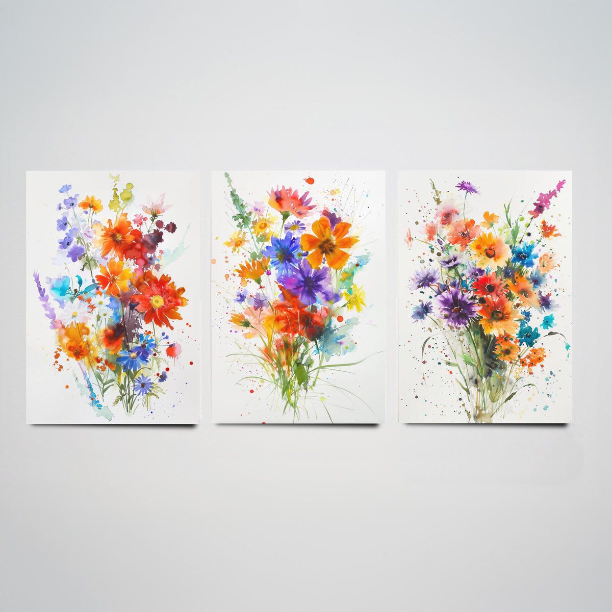 Watercolour Flower Set of Three Art Prints - 3 Cornflower Gerbera Posters - Bold Botanical Painting Wall Art Gift Meadow V11