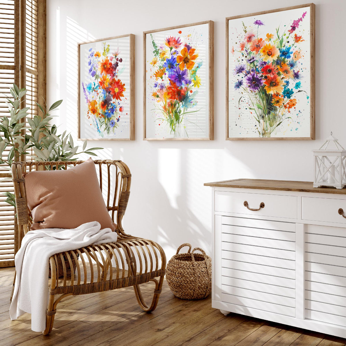Watercolour Flower Set of Three Art Prints - 3 Cornflower Gerbera Posters - Bold Botanical Painting Wall Art Gift Meadow V11