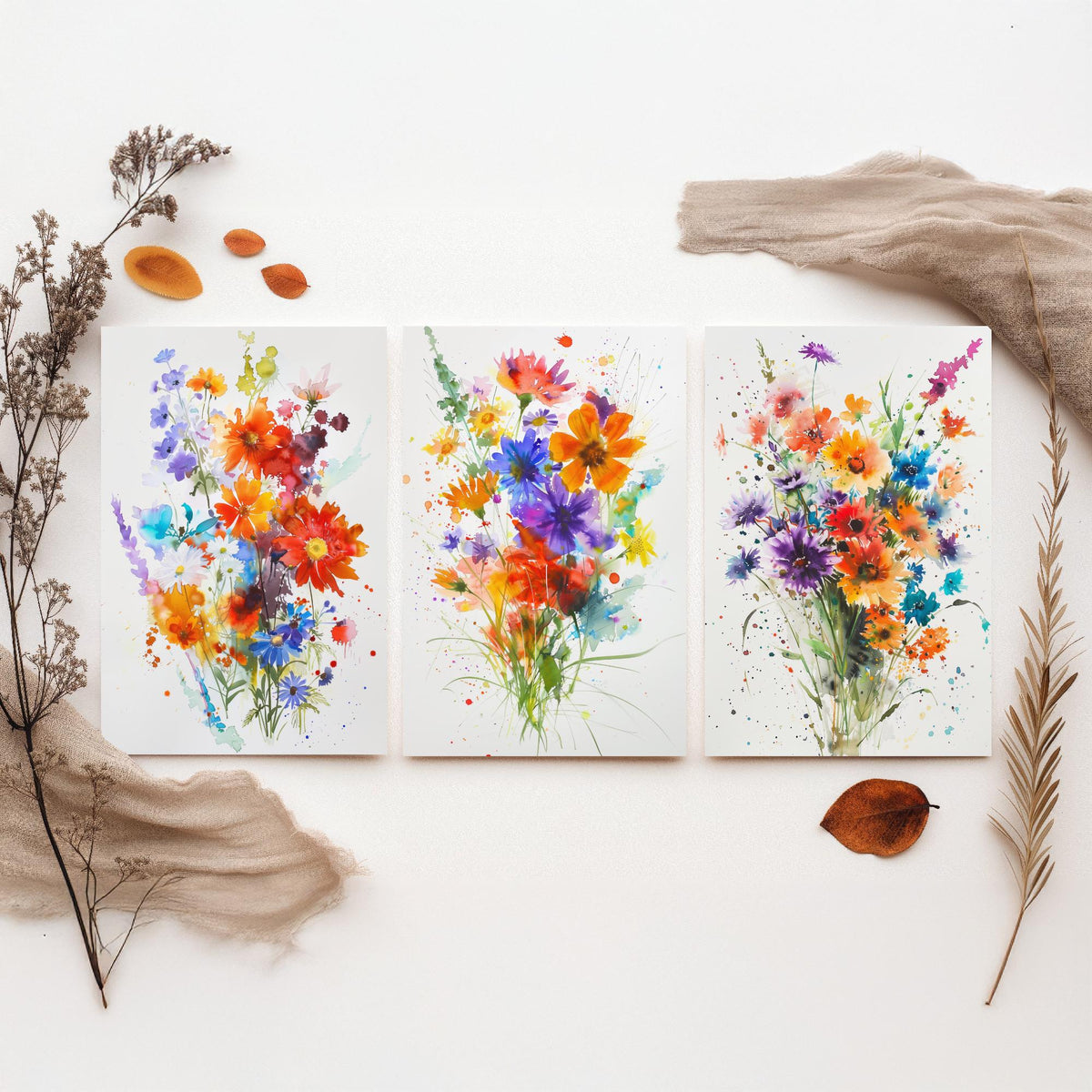 Watercolour Flower Set of Three Art Prints - 3 Cornflower Gerbera Posters - Bold Botanical Painting Wall Art Gift Meadow V11