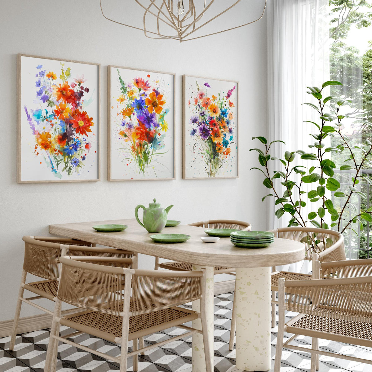 Watercolour Flower Set of Three Art Prints - 3 Cornflower Gerbera Posters - Bold Botanical Painting Wall Art Gift Meadow V11
