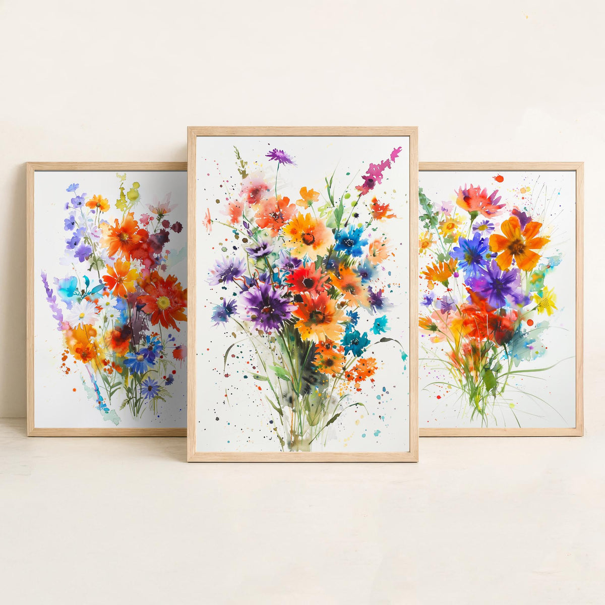 Watercolour Flower Set of Three Art Prints - 3 Cornflower Gerbera Posters - Bold Botanical Painting Wall Art Gift Meadow V11