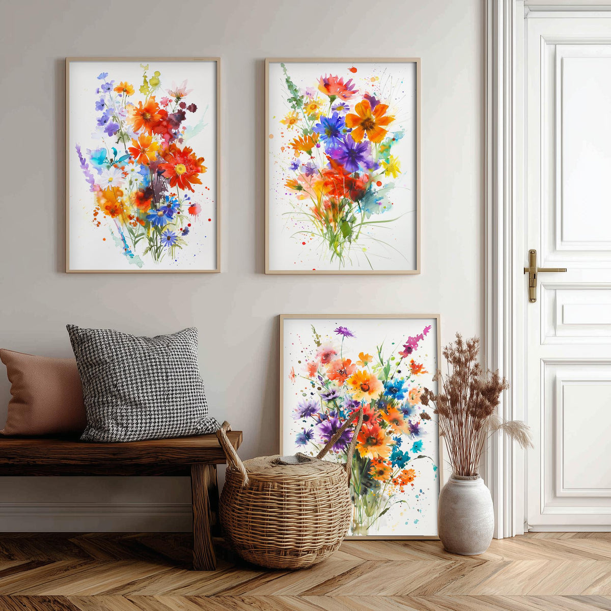 Watercolour Flower Set of Three Art Prints - 3 Cornflower Gerbera Posters - Bold Botanical Painting Wall Art Gift Meadow V11