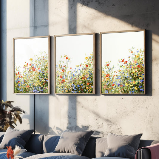 Wildflower Meadow Set of Three Watercolour Prints - 3 Summer Floral Art Posters - Airy Botanical Painting Wall Gift Poppy V12