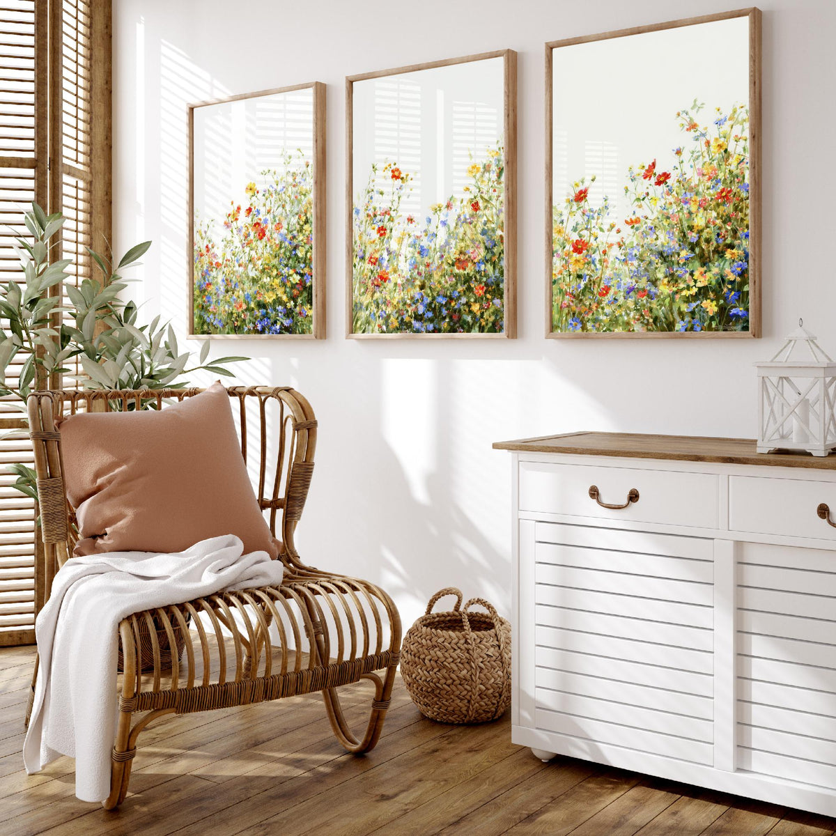 Wildflower Meadow Set of Three Watercolour Prints - 3 Summer Floral Art Posters - Airy Botanical Painting Wall Gift Poppy V12