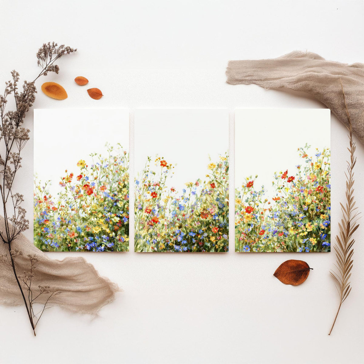 Wildflower Meadow Set of Three Watercolour Prints - 3 Summer Floral Art Posters - Airy Botanical Painting Wall Gift Poppy V12
