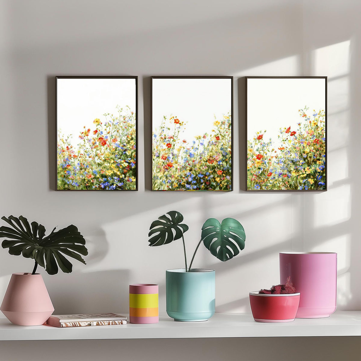 Wildflower Meadow Set of Three Watercolour Prints - 3 Summer Floral Art Posters - Airy Botanical Painting Wall Gift Poppy V12