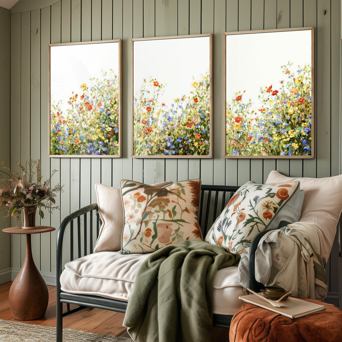 Wildflower Meadow Set of Three Watercolour Prints - 3 Summer Floral Art Posters - Airy Botanical Painting Wall Gift Poppy V12