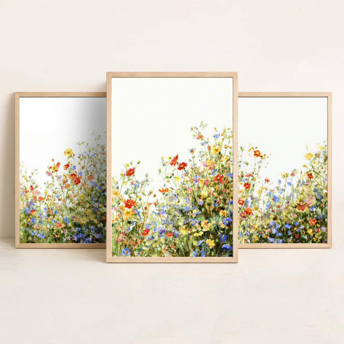 Wildflower Meadow Set of Three Watercolour Prints - 3 Summer Floral Art Posters - Airy Botanical Painting Wall Gift Poppy V12