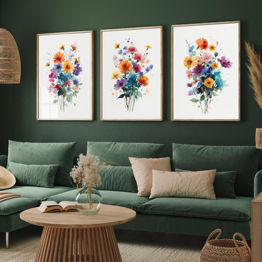 Watercolour Bouquet Set of Three Art Prints - 3 Wildflower Posy Posters - Colourful Botanical Painting Wall Art Gift Floral V13