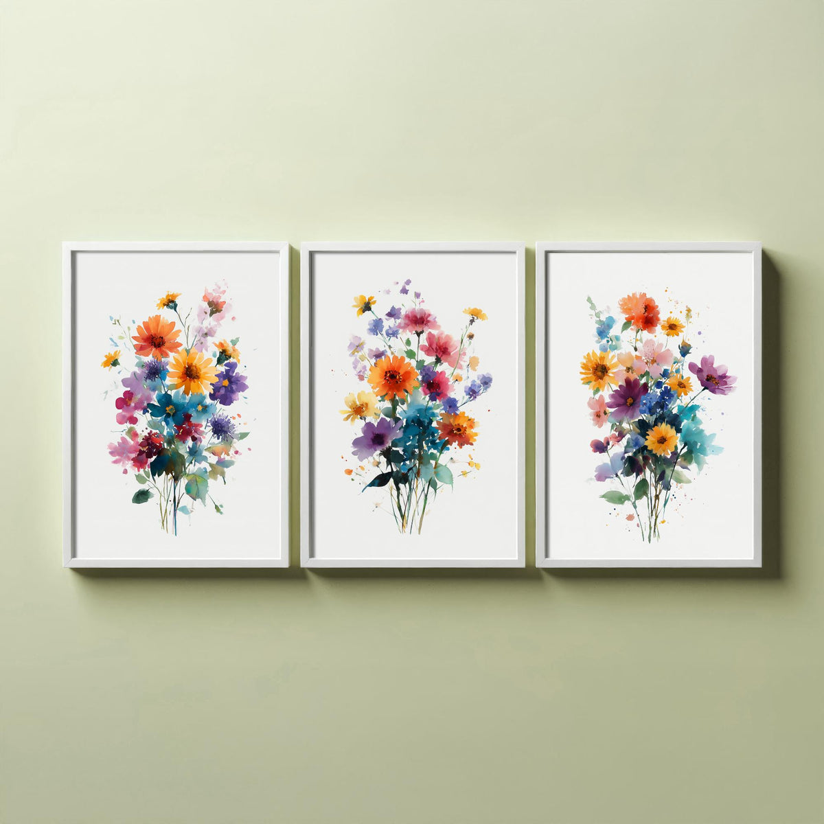 Watercolour Bouquet Set of Three Art Prints - 3 Wildflower Posy Posters - Colourful Botanical Painting Wall Art Gift Floral V13