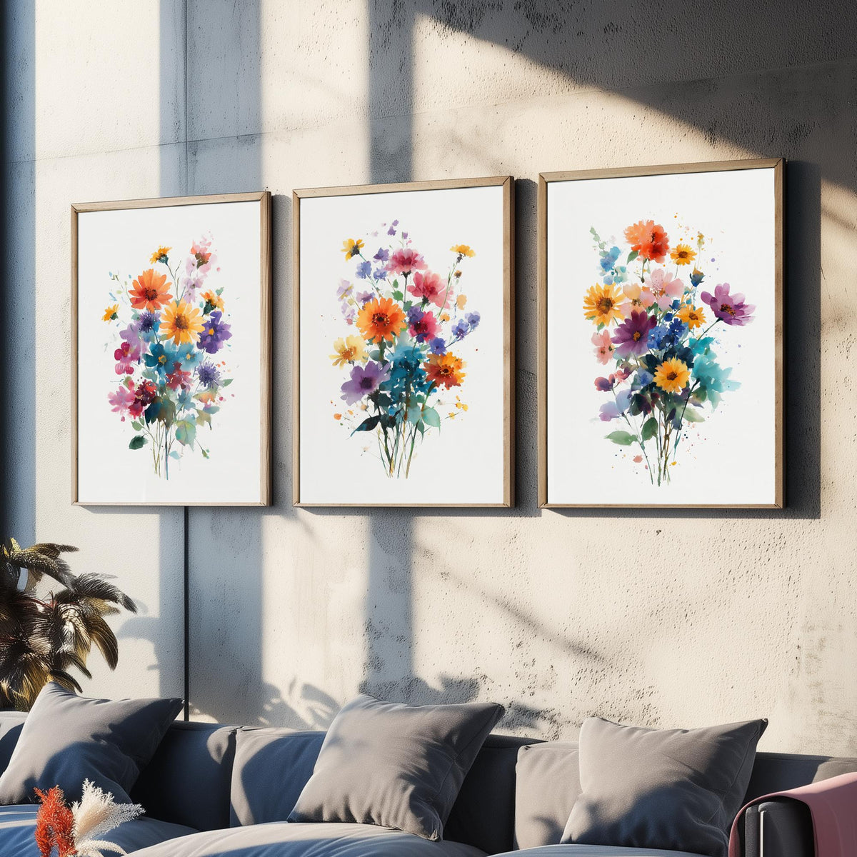 Watercolour Bouquet Set of Three Art Prints - 3 Wildflower Posy Posters - Colourful Botanical Painting Wall Art Gift Floral V13