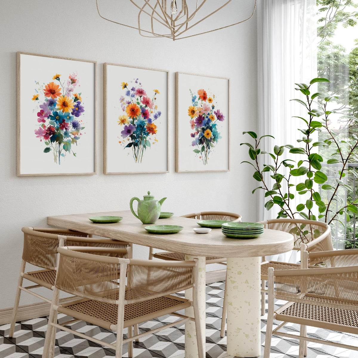 Watercolour Bouquet Set of Three Art Prints - 3 Wildflower Posy Posters - Colourful Botanical Painting Wall Art Gift Floral V13