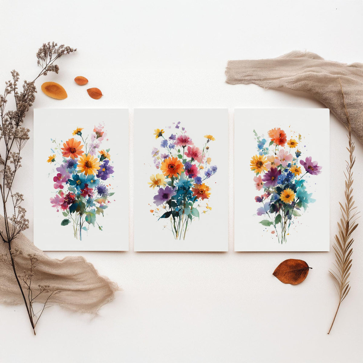 Watercolour Bouquet Set of Three Art Prints - 3 Wildflower Posy Posters - Colourful Botanical Painting Wall Art Gift Floral V13