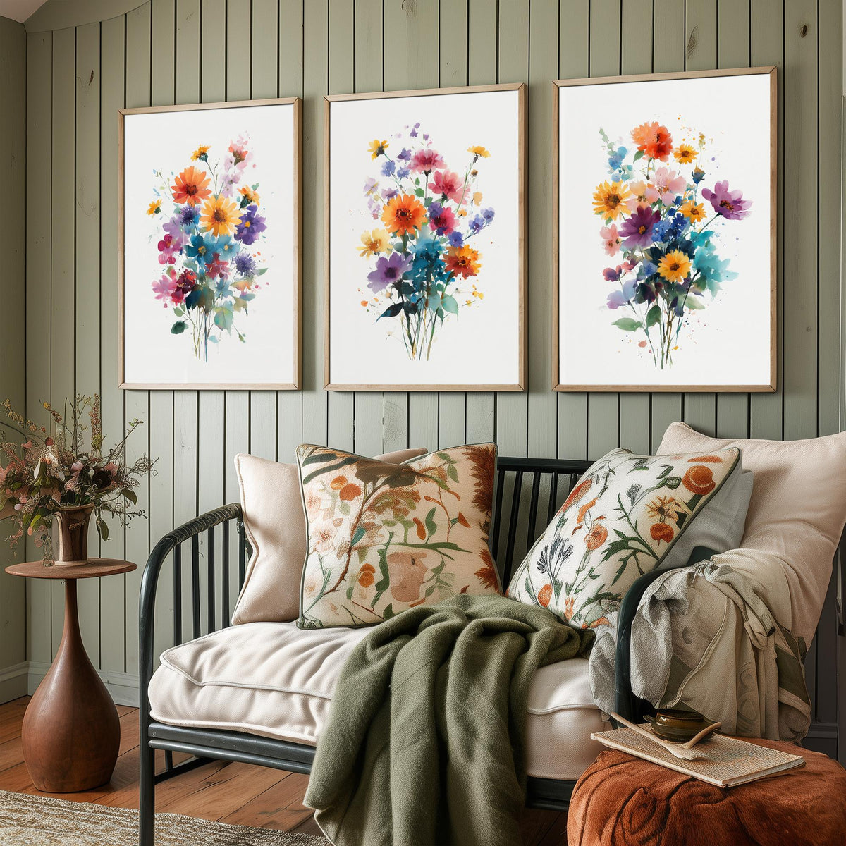 Watercolour Bouquet Set of Three Art Prints - 3 Wildflower Posy Posters - Colourful Botanical Painting Wall Art Gift Floral V13