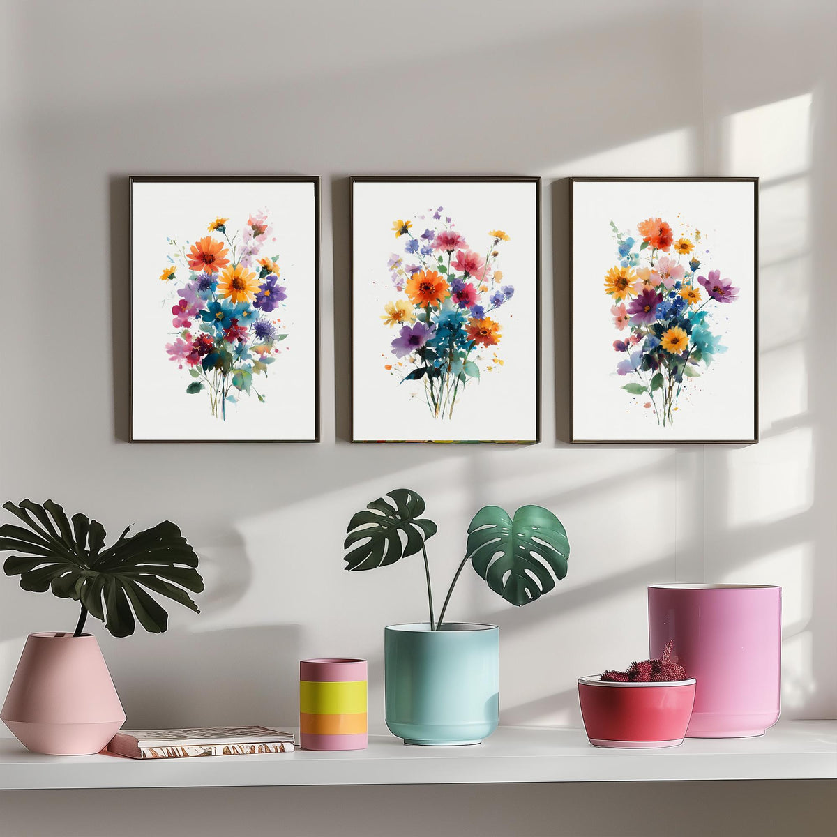 Watercolour Bouquet Set of Three Art Prints - 3 Wildflower Posy Posters - Colourful Botanical Painting Wall Art Gift Floral V13