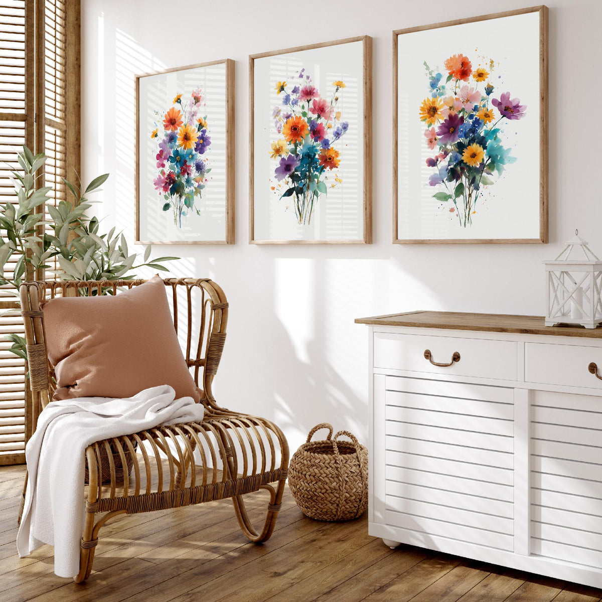 Watercolour Bouquet Set of Three Art Prints - 3 Wildflower Posy Posters - Colourful Botanical Painting Wall Art Gift Floral V13