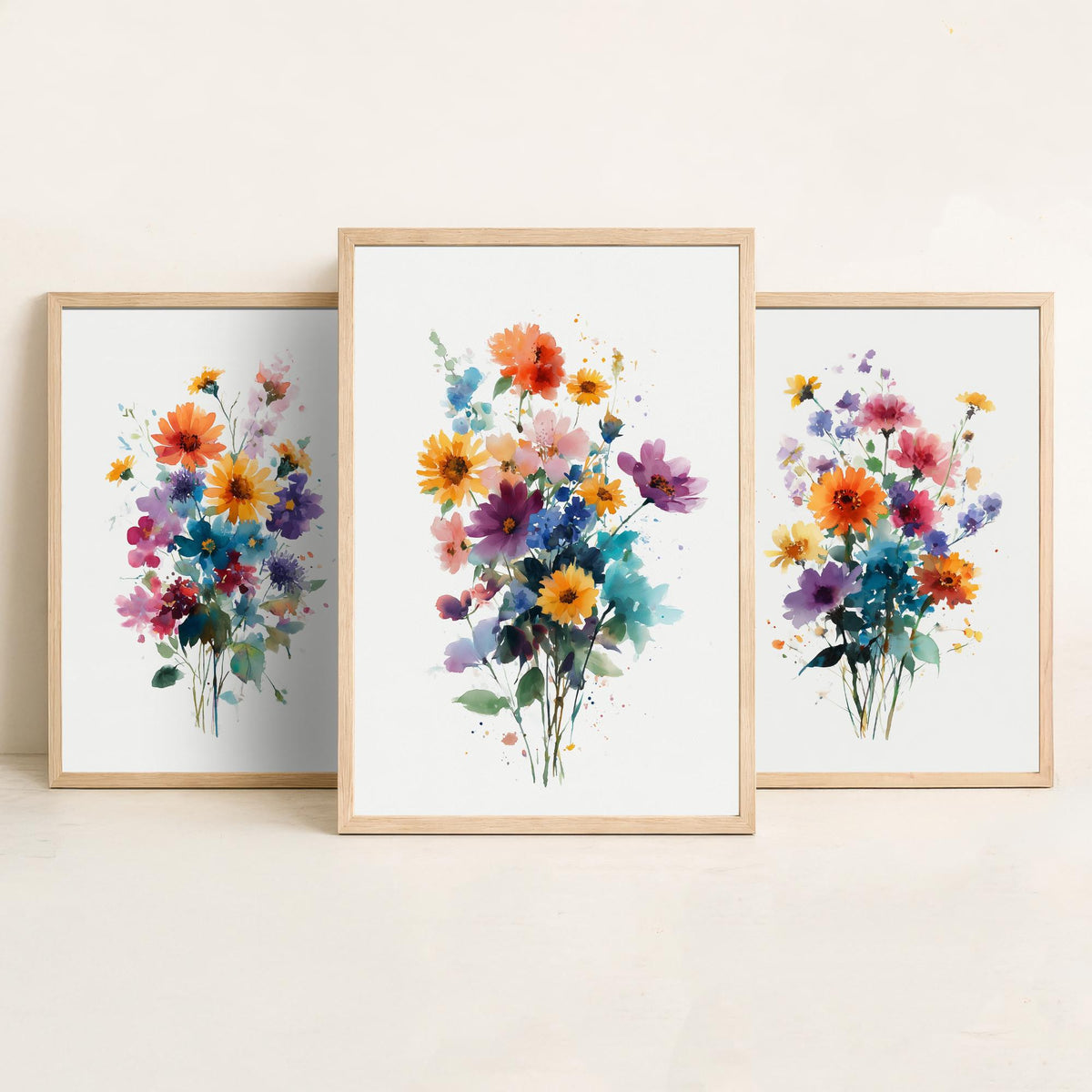 Watercolour Bouquet Set of Three Art Prints - 3 Wildflower Posy Posters - Colourful Botanical Painting Wall Art Gift Floral V13