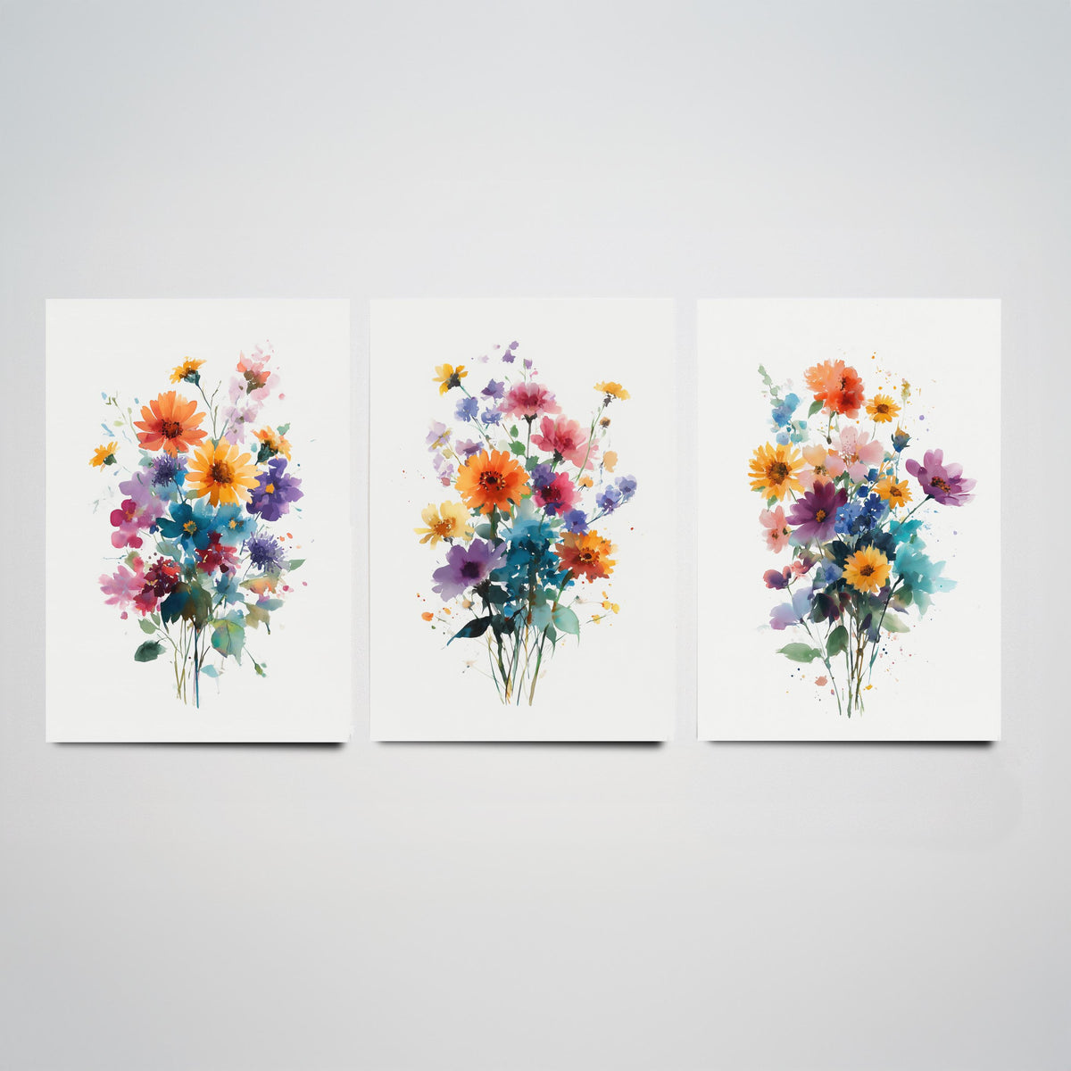 Watercolour Bouquet Set of Three Art Prints - 3 Wildflower Posy Posters - Colourful Botanical Painting Wall Art Gift Floral V13