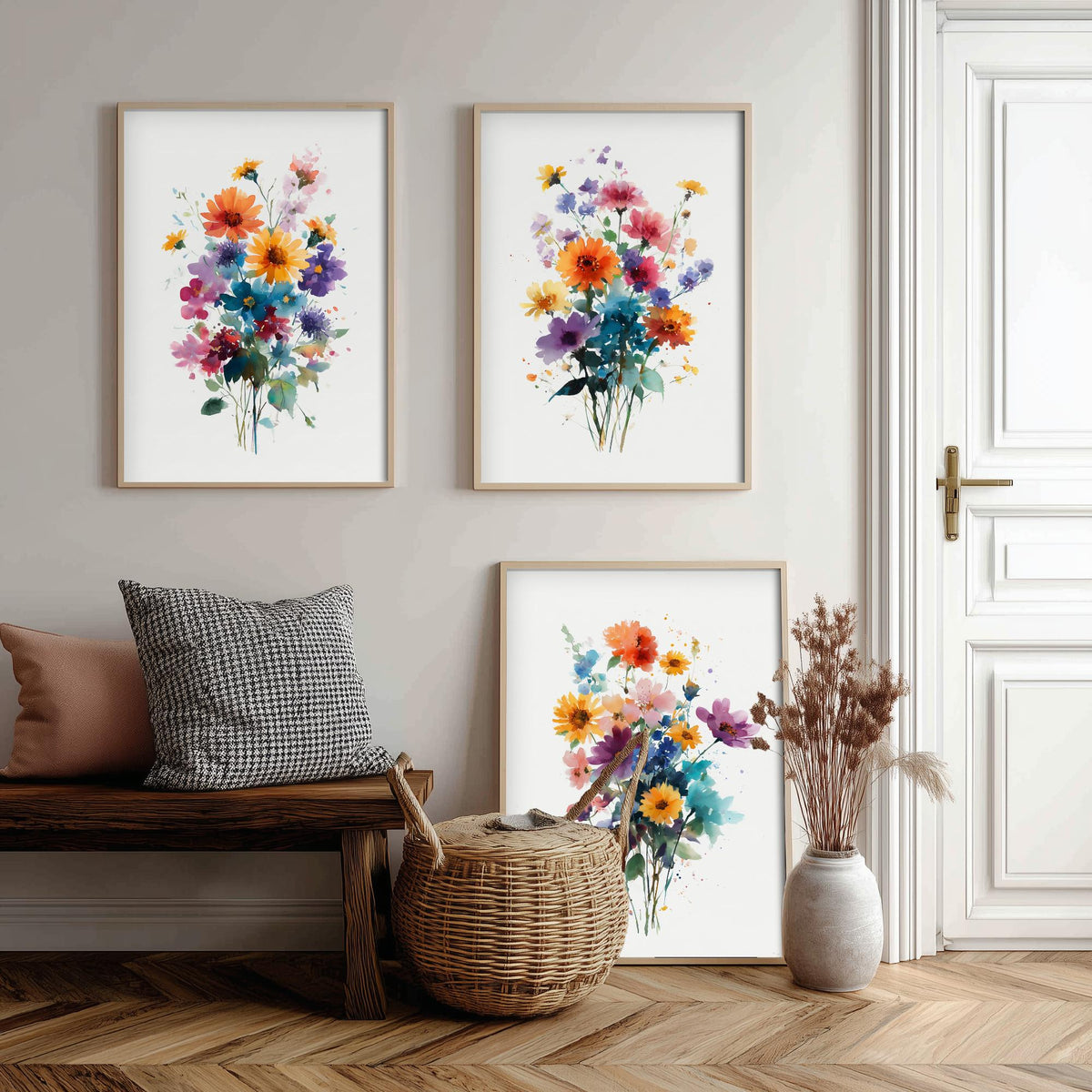 Watercolour Bouquet Set of Three Art Prints - 3 Wildflower Posy Posters - Colourful Botanical Painting Wall Art Gift Floral V13