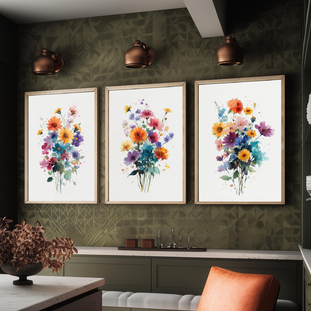 Watercolour Bouquet Set of Three Art Prints - 3 Wildflower Posy Posters - Colourful Botanical Painting Wall Art Gift Floral V13