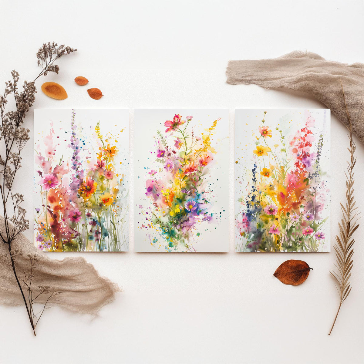 Emotive Watercolour Flowers Set of Three Art Prints - 3 Wildflower Posters - Bright Botanical Painting Wall Art Gift Cosmos V2