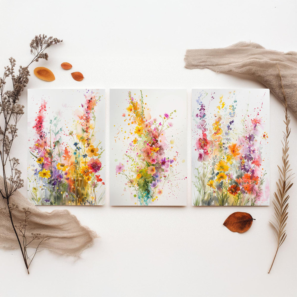 Watercolour Wildflower Set of Three Art Prints - 3 Summer Bloom Posters - Sunny Botanical Painting Wall Art Gift Meadow Floral V3
