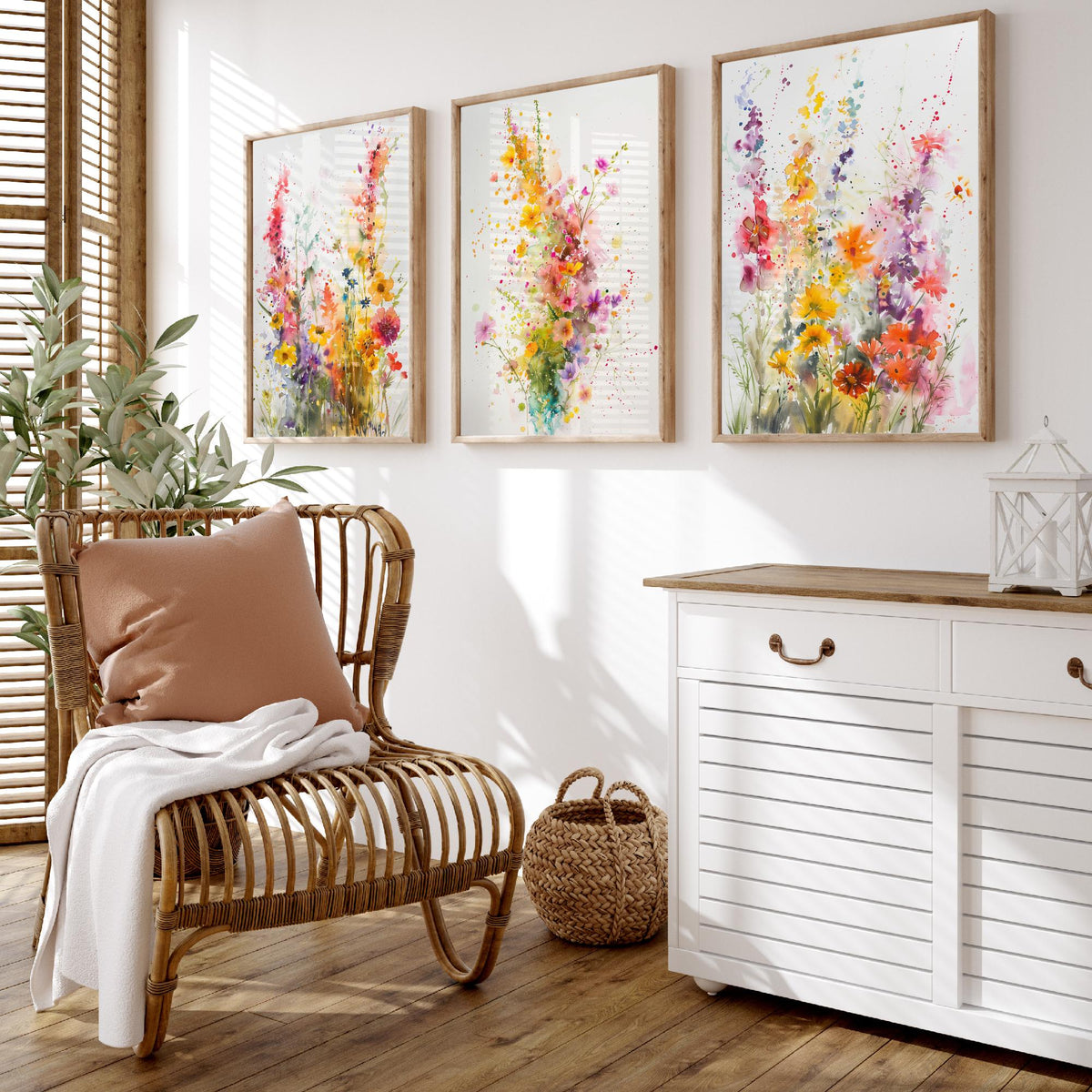 Watercolour Wildflower Set of Three Art Prints - 3 Summer Bloom Posters - Sunny Botanical Painting Wall Art Gift Meadow Floral V3