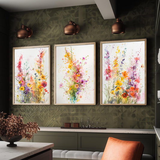 Watercolour Wildflower Set of Three Art Prints - 3 Summer Bloom Posters - Sunny Botanical Painting Wall Art Gift Meadow Floral V3