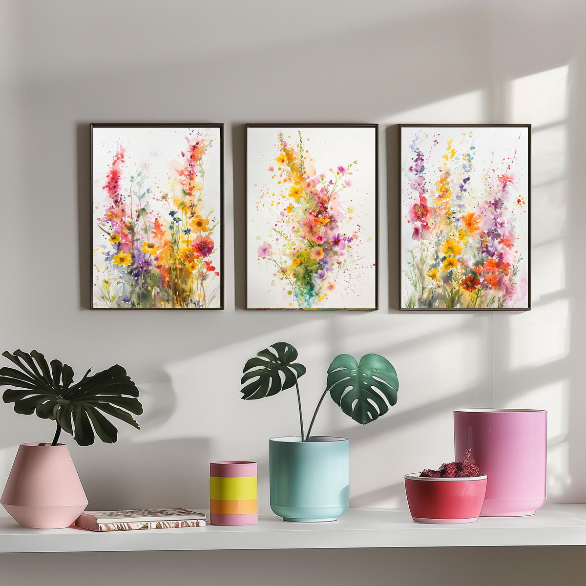 Watercolour Wildflower Set of Three Art Prints - 3 Summer Bloom Posters - Sunny Botanical Painting Wall Art Gift Meadow Floral V3